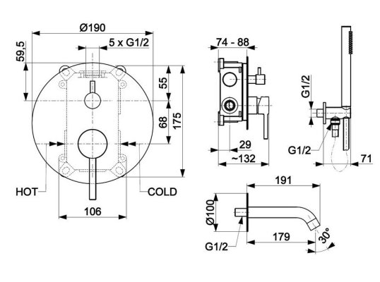 Zestaw wannowy podtynkowy z baterią 3 funkcyjną moza gold Armatura 5039-401-31